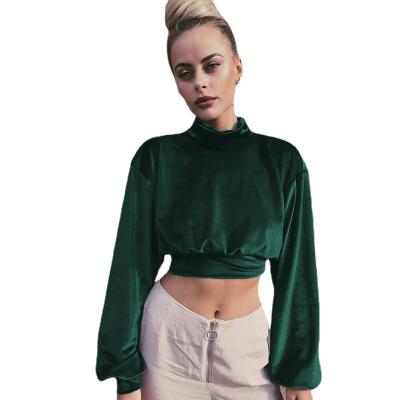 China 2021 Breathable Hot Selling Turtle Neck Velvet Tops Ladies Puff Sleeve High Waist Sweatshirt Autumn Style Pure Color Velor Long for sale