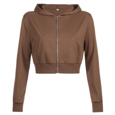 China 2021 Factory Price Breathable Women's Casual Zipper Full Up Short Crop Plain Brown Top Hoodie Sweat With Pocket for sale