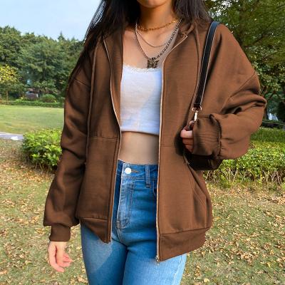 China 2021 Fashionable Breathable Hot Sale Women Full Zipper Plain Brown Sweatshirt Oversized Hoodie Sweated With Pocket for sale