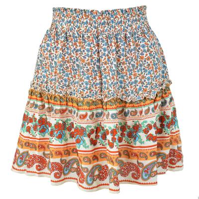 China Breathable Short Boho Style Beach Holiday Skirt Cotton Flower Yellow Skirt for sale