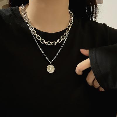 China New FASHIONABLE Retro Portrait Exaggerated Thick Chain Necklace Double Layer Personality Chain Hip Hop Short Jewelry Women for sale