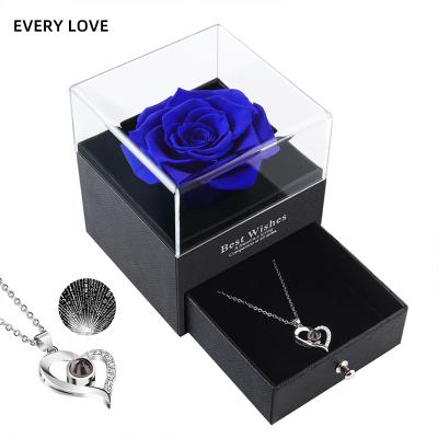 China Durable Rose Boxes With Necklace Preserved Simple Real Rose With Drawer Women Gift Idea for sale