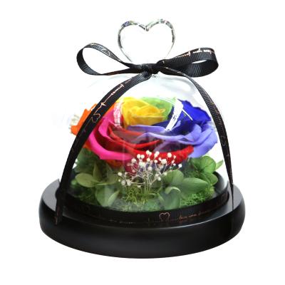 China Environmental Protection Green Rose Flower In Heart Shape Preserved Flower Glass Dome With Wooden Base for sale