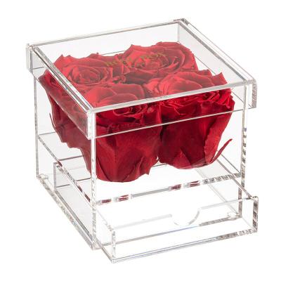 China Real Rose Every Love Wholesale Preserved Romantic 4 Roses Forever Preserved Eternal Arrangement Roses In Acrylic Box With Drawer for sale