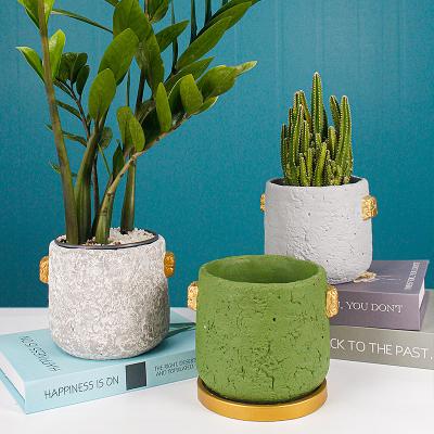 China Beautiful multiple colors table top flowerpot simple design garden decoration cement plant Nordic creative pot with tray for sale