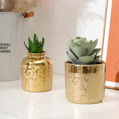 China Ceramic Items Vases Wholesale Gold Color Plating Office Luxury Decoration Hotel Pattern Style Fancy Ceramic Flower Vase for sale