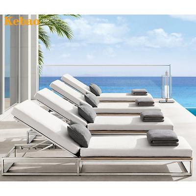 China Modern luxury aluminum outdoor poolside furniture sun lounger metal beach folding bed stainless steel convertible wood lounge for sale