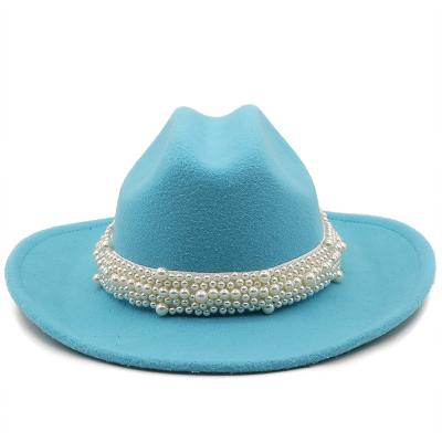 China Character Fashion Felt Fedora Hats With Pearl Belt Mens Womens Autumn Winter Big Wide Brim Fedora Hats Vintage Trilby Top Hat for sale