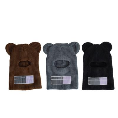 China Custom High Quality COMMON Logo Ski Mask UV Protection Knitted Beanie One Hole Balaclava Hat Skimask With Bear Ear for sale