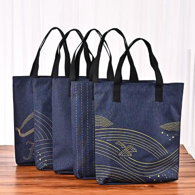 China Custom Printed Jean Canvas Custom Denim Tote Low Rope Handle Factory Wholesale Blue Logo Tote Bags Moq for sale