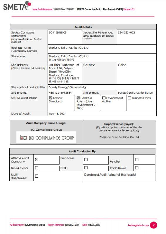 sedex - Zhejiang Extra Accessories Co., Ltd.