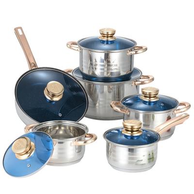 China Viable in Stock 12pcs Hollow Handle Frying Pan Milk Pot Non Stick Stainless Steel Induction Kitchen Cookware Ceramic Baking Sets for sale