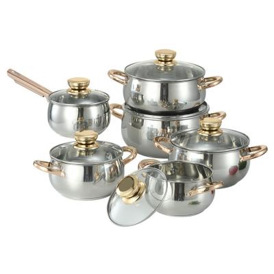 China Wholesale Viable Stainless Steel Kitchen Cooking 12 Piece Pot Set Gas Stove Induction Cooker Currency Cookware Sets With Gold Handle for sale