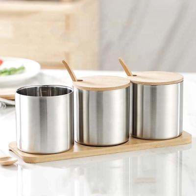 China 10Pcs Sustainable Kitchen Storage Seasoning Jars Double Wall 18/8 Stainless Steel Salt Sugar Spice Jars Container With Lid And Bamboo Spoons for sale