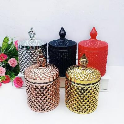 China Home Decoration Wholesale 10oz Luxury Glass Candle Holder With 19oz Lid Rose Gold/Black/Silver Empty Jars For Candle Wedding Candle Holder for sale