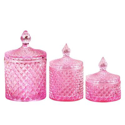 China Home Decoration Wholesale Rainbow / Weddings / Ships Pink Empty Candle Jars With Lid Bulk Glass Jar For Candle Making for sale