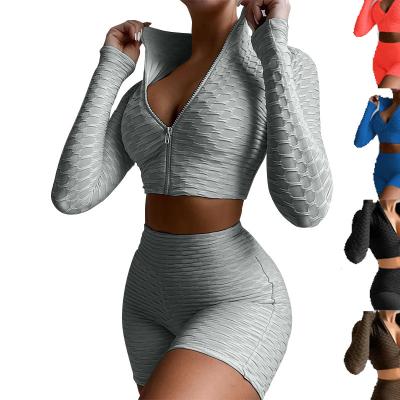 China Breathable Tiktok 2022 Women 2pcs Clothes Yoga Fashion Crop Top Long Sleeve Casual Short Sportswear Set For Women Sweatsuit Tracksuit for sale