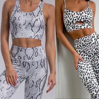 China New Breathable Fashion Leopard Snakeskin Print 2 Piece Set Yoga Clothes Women Sports Bra Pants Gaiters Fitness Sportswear Running Suit for sale