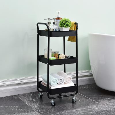 China Brand New Black Living Room/Kitchen/Bathroom Metal Kitchen Supplies Storage Trolley Rolling Bathroom Supplies Storage Utility Rack for sale