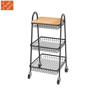 China CLASSIC Cheap Price Home Furniture Steel 3 Tier Cable Hand Organization Trolley Mobile Metal Storage Rack Rolling Cart With MDF Board for sale