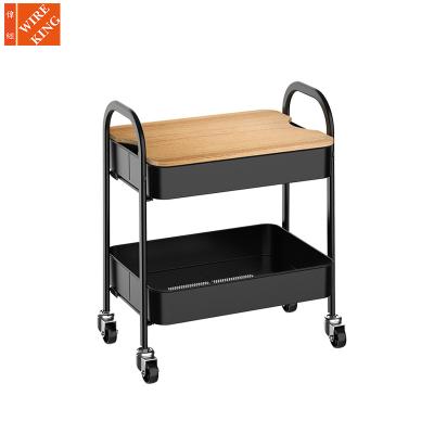 China CLASSIC Hot Selling Amazon Metal Rolling 2 Drawer Small Kitchen Storage Rack Serving Cart with MDF Tray for sale