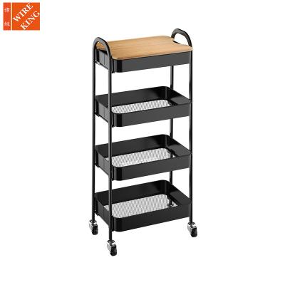 China CLASSIC Space Saving 4 Tier Metal Rolling Art Supplies Kitchen Bathroom Storage Shelving Organization Trolley Cart with MDF Tray for sale