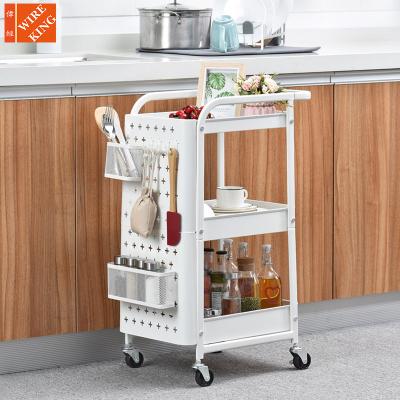 China CLASSIC Diy Pegboard Metal Shelving Utility Cart With Hooks Baskets Handles Locking Wheels, 3 Tier Bathroom Trolley Organizer for sale