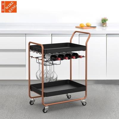 China Eco-friendly Wine Cart Bar Kitchen Rose Gold Portable Utility Movable 2 Tier Wine Shelving Rolling Serving Cart with Glass Frame for sale