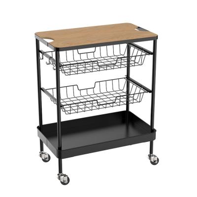 China Kitchen. Hot Selling Living Room Amazon Wood Table Top 4-Tier Kitchen Serving Serving Cart with 2 Basket Drawers Rolling Storage Rack for sale