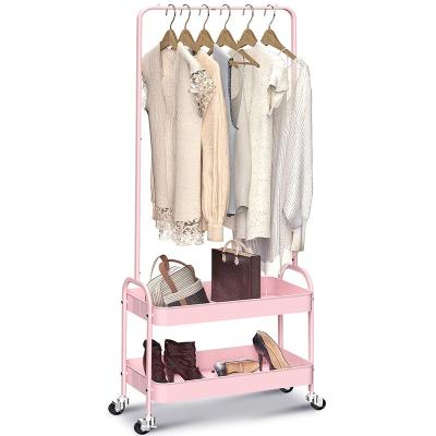 China (Other) Adjustable Storage Cart Pink Coat Rolling Rack 2 in 1 Garment Rack Clothing Rack with 2 Tier Metal Basket for Small Place Entryway for sale