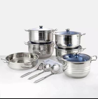 China Sustainable Cookware Soup Pot Set 14pcs Stainless Steel Kitchen Metal OEM Packaging Double Handle St Original Stainless Type Form GUA for sale