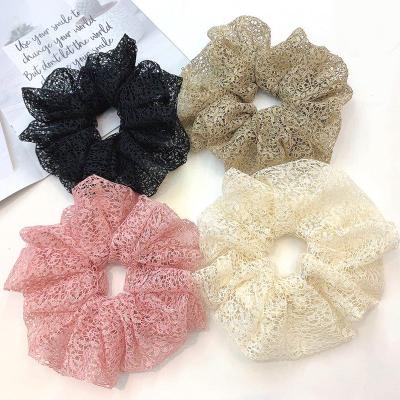 China Lace up new design wholesale lace hollow over waist scrunchies vintage elastic hair ties flowers lace up big hair scrunchies women for sale