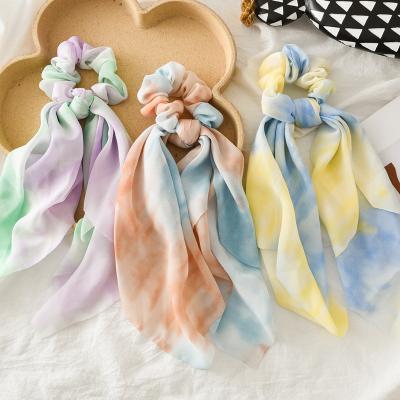 China 2021 New Design Chiffon Tie Dye Elastic Hair Ties Women Fabric Hair Bow Scarf Scrunchies Scrunchies for sale