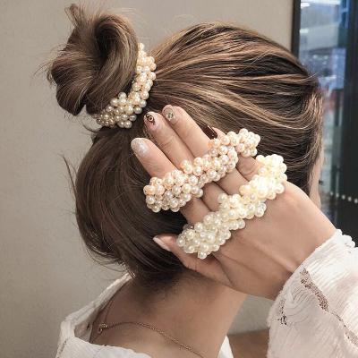 China Korean Women's Fabric Hair Bands Elastic Luxury Ponytail Holders Elastic Hair Beads Bridal Scrunchies for sale