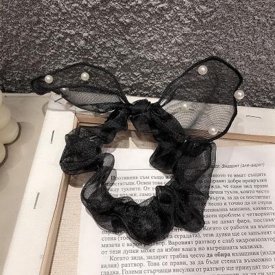 China Newest Scrunchies Bunny Ear Hair Ties Organza Women Ponytail Holder Bow Hair Accessories Pearl Hair Scrunchies for sale