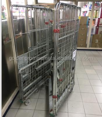 China Folding Roll Cage Steel Mesh Trolley Container Roll Pallet Wire Transport Warehouse Trolley for sale