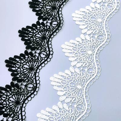 China 7.2Cm Polyester Bazin Lace Trim Flower Embroidery Lace Trim Black White Milk Silk Silk Trim For Dress for sale