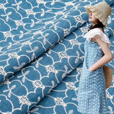 China Other Custom Denim Blue 40% Cotton 60% Nylon Material Lace Textile 154Cm Flowers Pattern Luxury French Embroidered Lace Fabric for sale