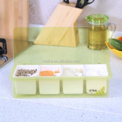 China Viable Wholesale High Quality Spice 4pcs Plastic Condiment Holder Four Compartment Containers Seasoning Box New Arrival Spoon for sale