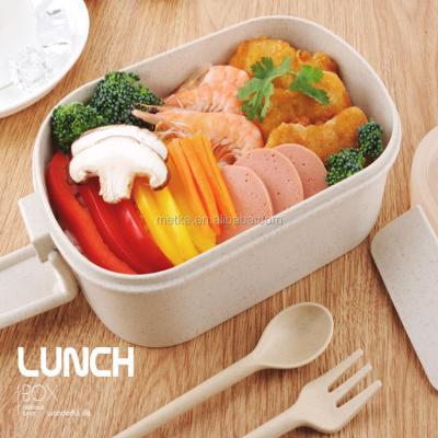 China BPA FREE Double Layers Eco Friendly Wheat Fiber Microwavable Bento Lunch Box With Spoon And Fork for sale