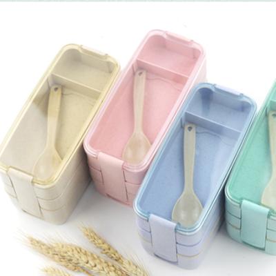 China BPA Free Microwavable Three Layer Wheat Fiber Bento Lunch Box Spoon Eco Friendly New Arrival for sale