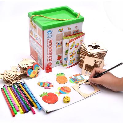 China Wooden Square Wooden Bucket Learning To Draw Set Children's Graffiti Coloring Drawing And Creative Template Painting Educational Toys for sale