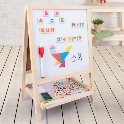 China Multifunctional Wooden Children's Wooden Two-in-One Folding Drawing Board Double-Sided Magnetic Easel Black and White Drawing Board for sale