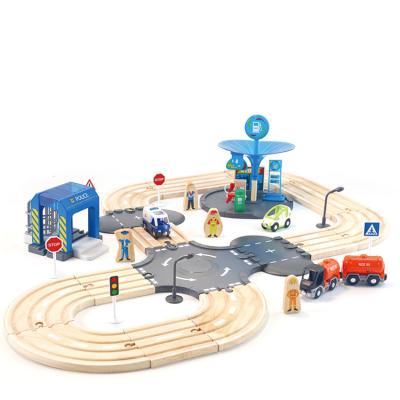 China Multifunctional Wooden Slot Toy Police Station Role Road Track Train Set Baby Building Blocks Puzzle Early Education Toy Car for sale