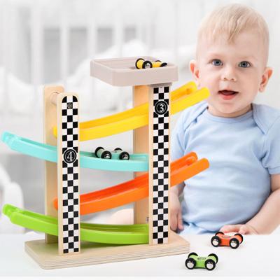 China Wooden Wheel Children's Slide Car Trolley Track Slide Car Inertia Pull Back Glider Toy Mini Car 4 Levels for sale