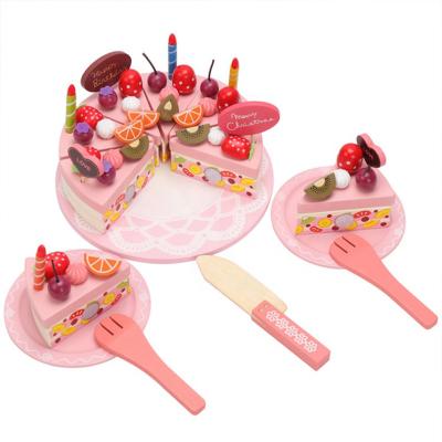 China Pretend Play Toy Set Cut Fake Wooden Birthday Cake With Candles Birthday Party Wooden Cake Kitchen Play Toys DIY for sale