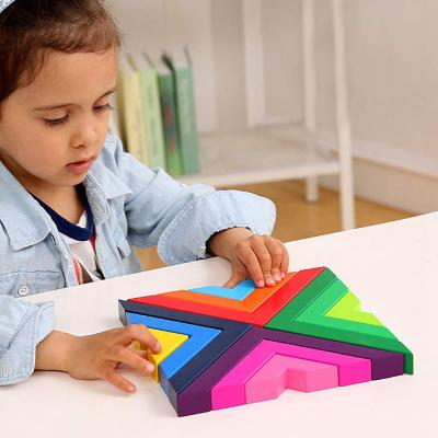 China Cartoon Toy Wooden Rainbow Stack Game Geometric High Car Building Blocks Nesting Education Toys Right Angle Building Blocks for sale