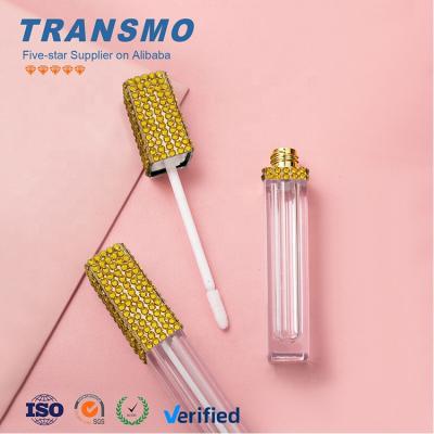 China Hot Selling 6.5ml Gold Square Lip Gloss Brand Diamond Diamond Cosmetic Custom Clear Lip Gloss Empty Tube Container With Brush for sale