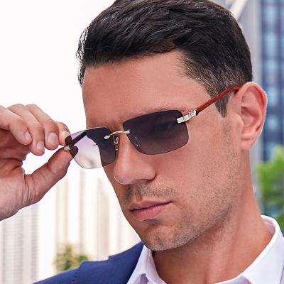 China 2022 Luxury Rhinestone Shades Rimless Sunglasses Designer New Shading Men Sunglasses Brand Design Metal Frameless Wood Sun Glasses for sale