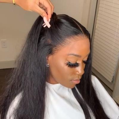 China Silky straight wave 13x4 hd lace frontal wig, 100% preplucked virgin thin hd lace frontal wig, full hd lace cuticle aligned wig for sale